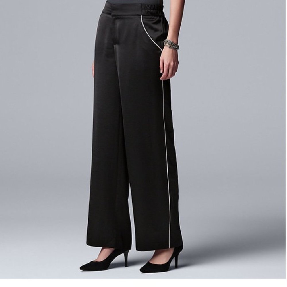 Vera Wang Black Pinstripe Wide-Leg Satin Pants S